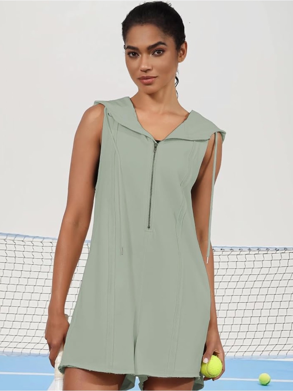 Amazon Sleeveless Hooded Zip Romper — Sage Green